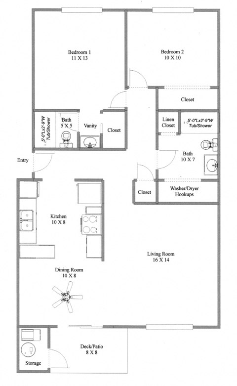 Floor plan for 2 beds, 2 baths, 937 sqft